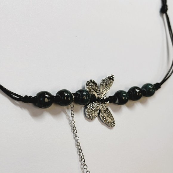 Dark Green Bead Silver Butterfly Pendant Charm Pray Vintage Necklace - Picture 15 of 16